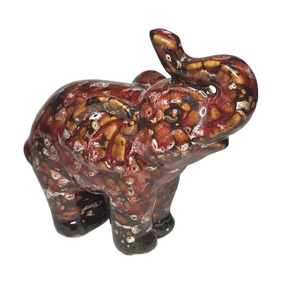 Vintage Ceramic Glazed Elephant Speckled Trunk Up Brown/Red